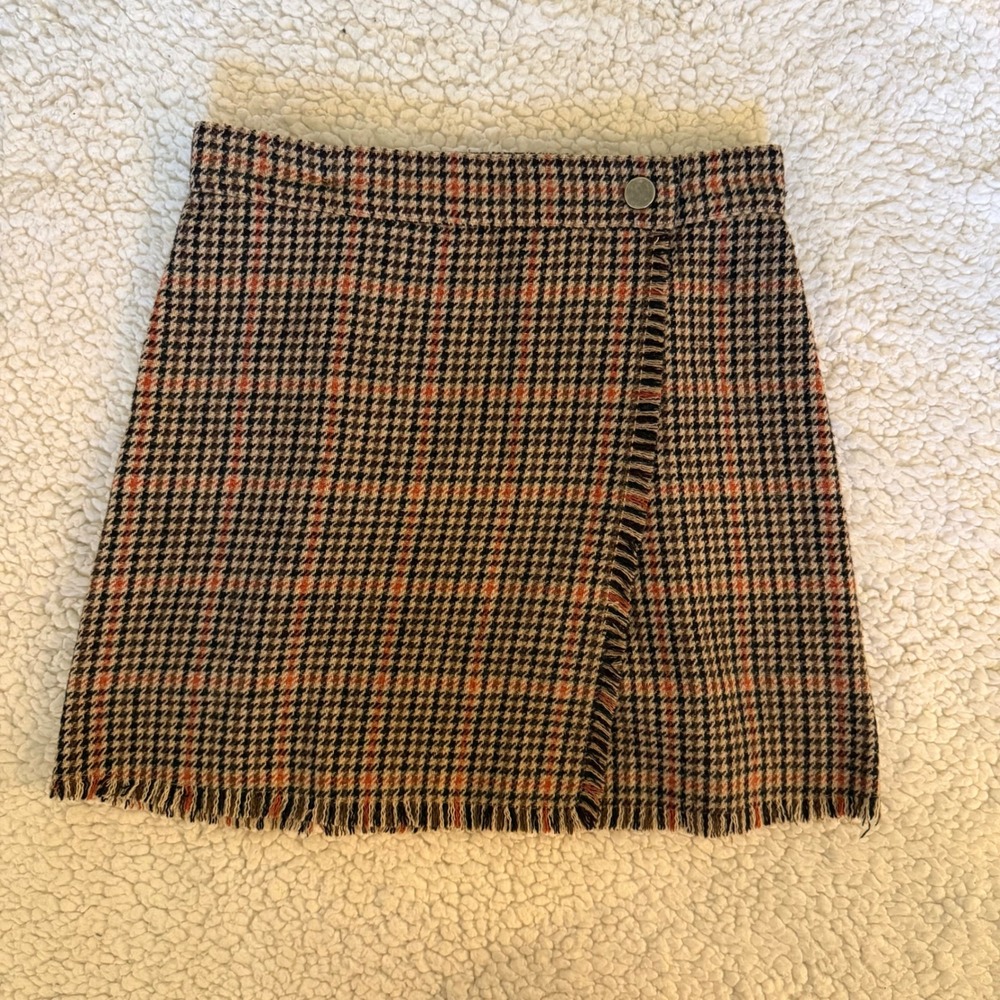 Urban Outfitters Plaid Wrap Mini Skirt Brown Orange Fringed XS
